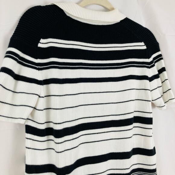 VTG Womens L White & Black Stripe Ribbed Polo Sweater Preppy 90s Old Money Retro - Picture 7 of 8